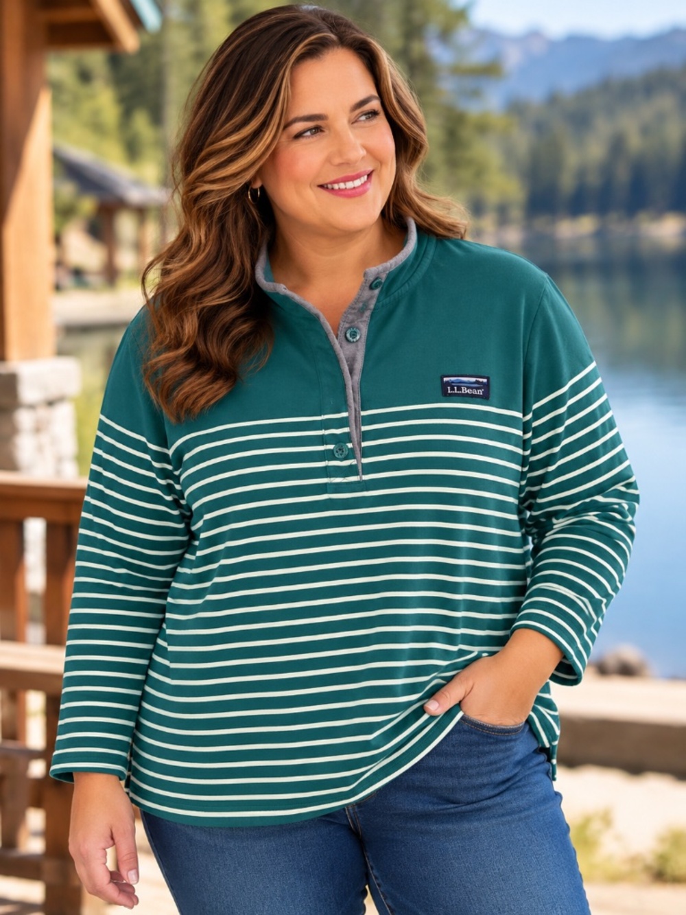 L.L.Bean 2X Teal Striped Henley Pullover Top Soft Plus Size
